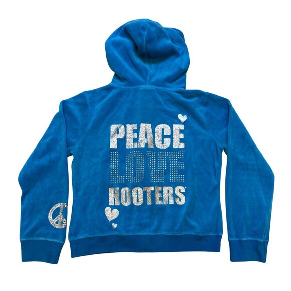 Y2K Hooters Blue Rhinestone Velour Hoodie M/L - Picture 3 of 8